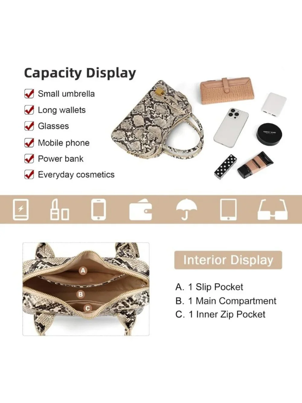 Stylish Snake Print Handbag | PU Leather Top Handle & Adjustable Shoulder Strap